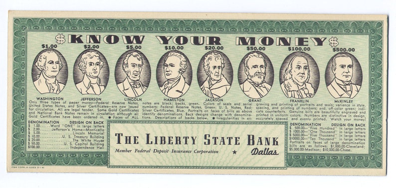Ink Blotter Mint 1941 Dallas Texas Bank Know Your Money Dead Etsy - image 0
